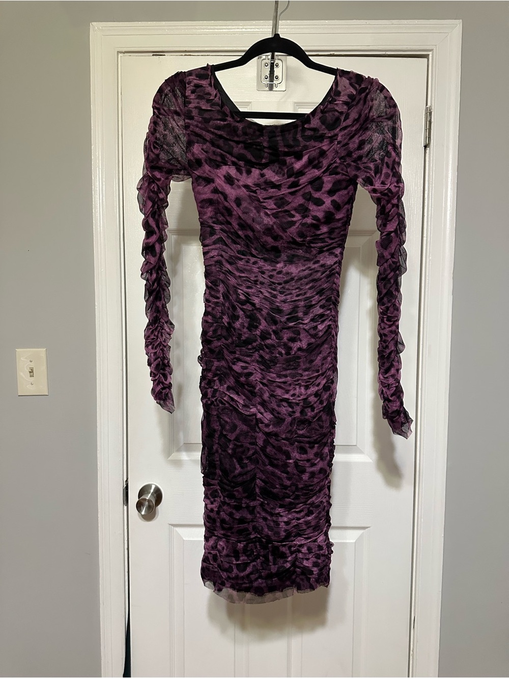 Dolce & Gabbana Purple Leopard-Print Body Con Dress with Sheer Long Sleeves